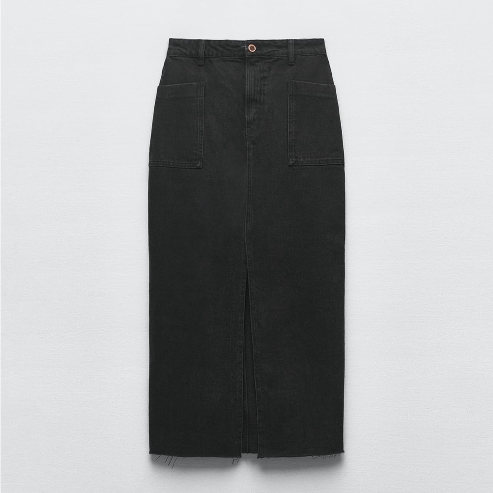 Zara Black Denim Midi Skirt with Slit
